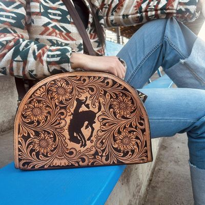 Pendleton Round-Up Half Circle Tooled Leather Crossbody Purse
