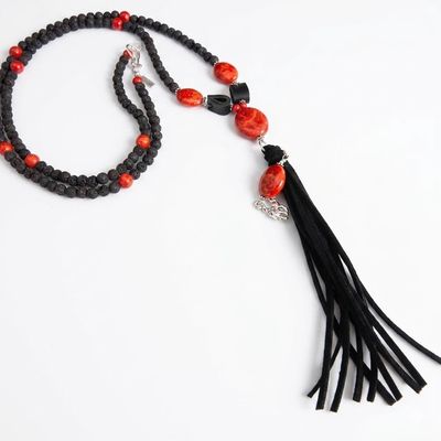Pendleton Round-Up Coral and Lava Bead Tassel Necklace