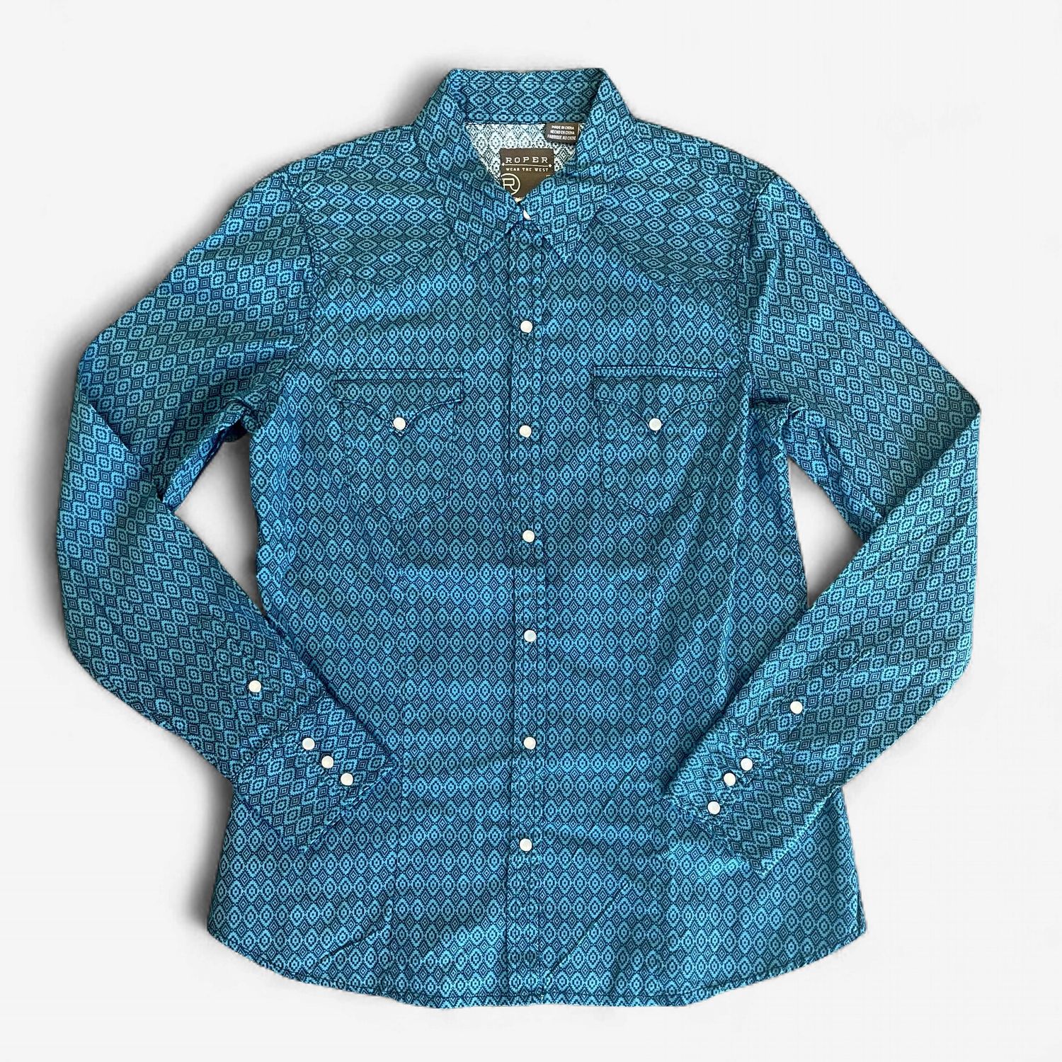 Ladies Roper Pendleton Round-Up Teal Aztec Long Sleeve Snap