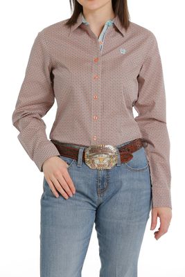 Ladies Cinch Pendleton Round-Up Coral Geo Long Sleeve Button Up