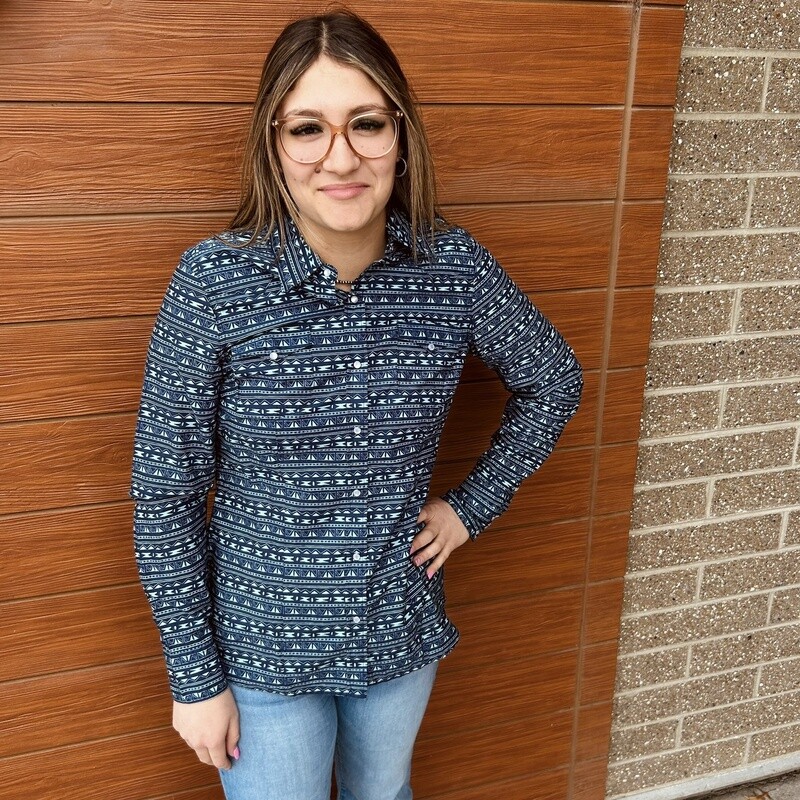 Ladies Roper Pendleton Round-Up Blue Teal Aztec Long Sleeve Snap