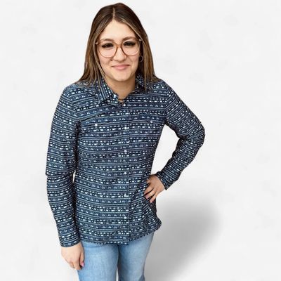 Ladies Roper Pendleton Round-Up Blue Teal Aztec Long Sleeve Snap