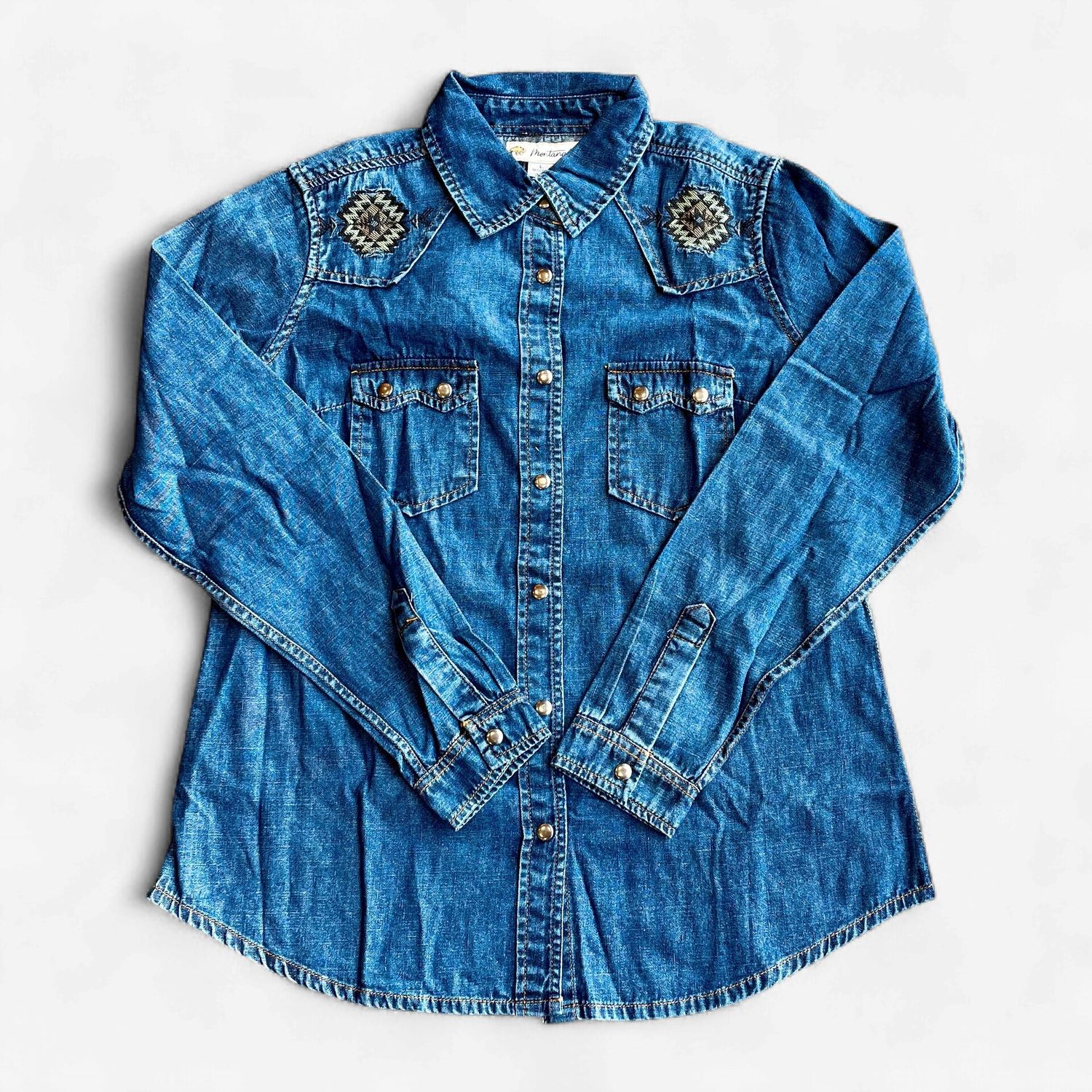 Ladies Montana Co. Pendleton Round-Up Blue Denim Aztec Long Sleeve Snap