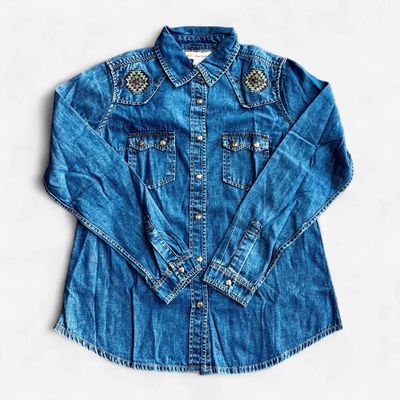 Ladies Montana Co. Pendleton Round-Up Blue Denim Aztec Long Sleeve Snap