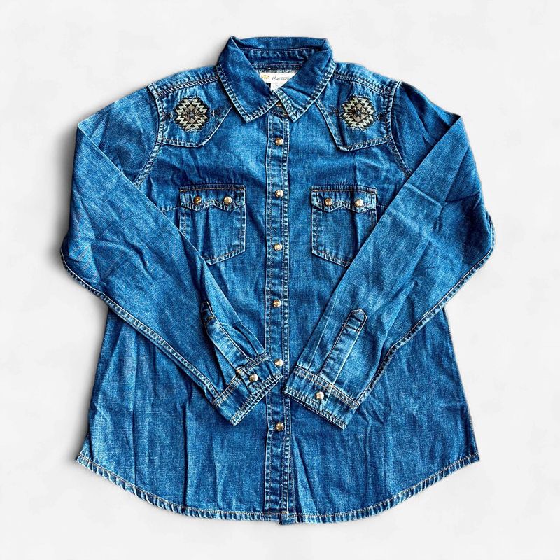 Ladies Montana Co. Pendleton Round-Up Blue Denim Aztec Long Sleeve Snap