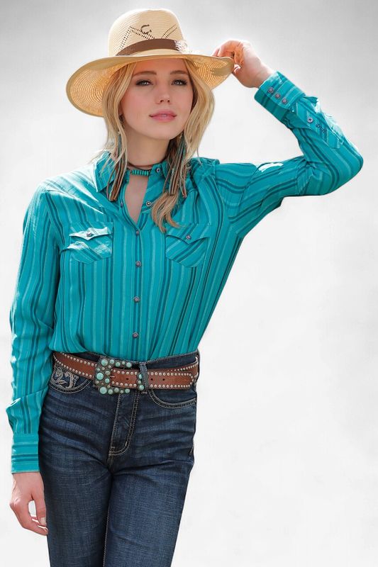 Ladies Cruel Pendleton Round-Up Teal Stripe Long Sleeve Snap