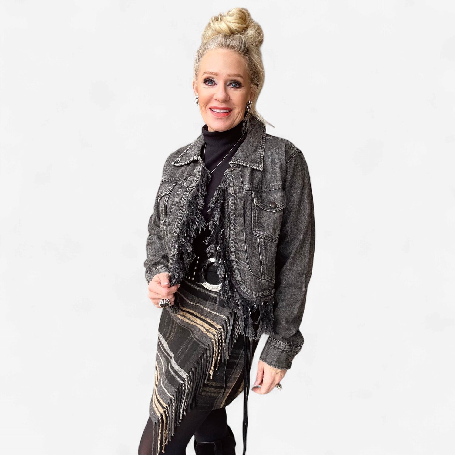 Ladies MontanaCo Pendleton Round-Up Black Denim Fringe Jacket