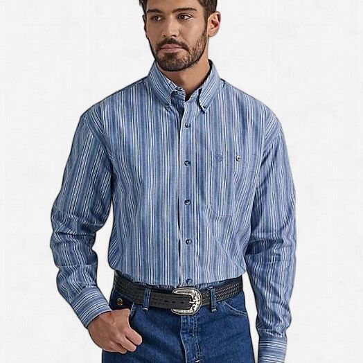 Men's Wrangler Pendleton Round-Up Blue Stripe Long Sleeve Button Up