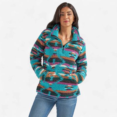 Ladies Wrangler Pendleton Round-Up Turquoise Sherpa 1/4 Zip Pullover