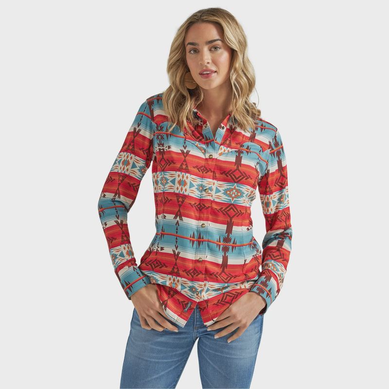 Ladies Wrangler Pendleton Round-Up Red Retro Long Sleeve Snap