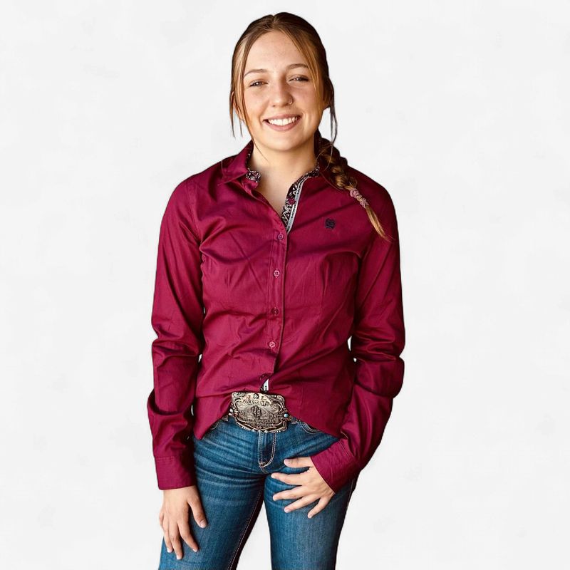 Ladies Cinch Pendleton Round-Up Cranberry Long Sleeve Button Up
