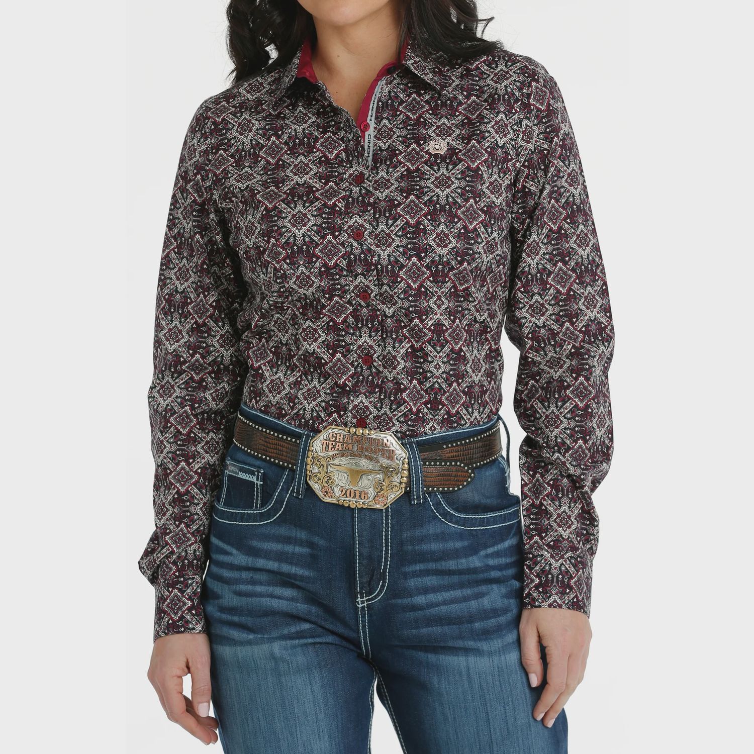 Ladies Cinch Pendleton Round-Up Cranberry Diamond Long Sleeve Button Up