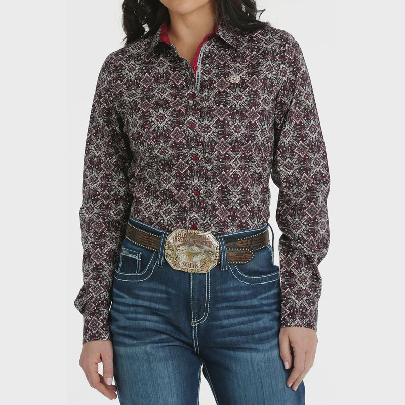 Ladies Cinch Pendleton Round-Up Cranberry Diamond Long Sleeve Button Up