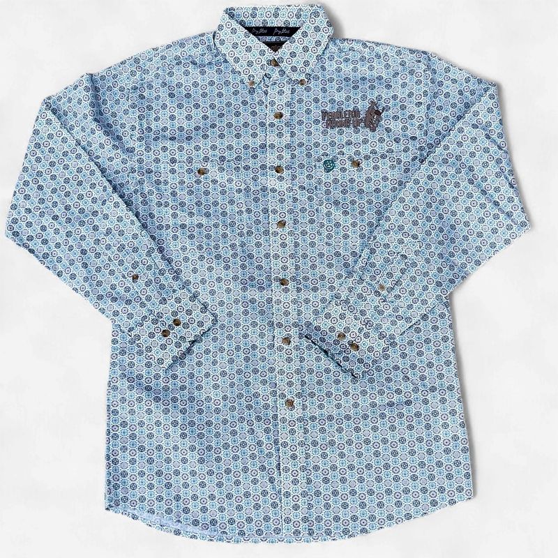 Mens Wrangler Pendleton Round-Up Teal Geometric Long Sleeve Button Up