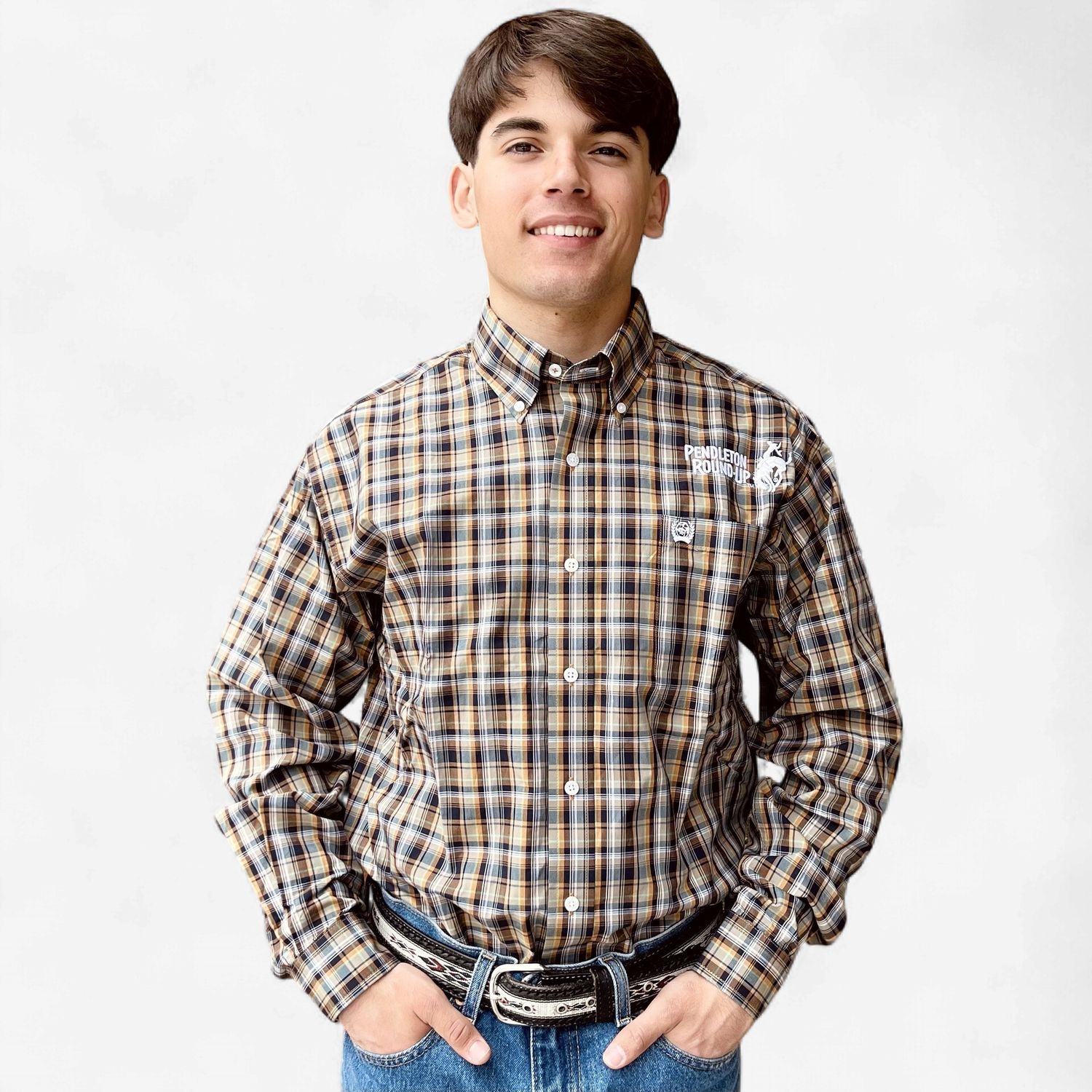 Men's Cinch Pendleton Round-Up Brown Plaid Long Sleeve Button Up