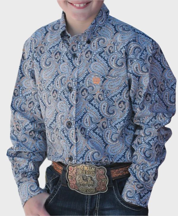 Youth Cinch Pendleton Round-Up Blue Orange Paisley Long Sleeve Button Up