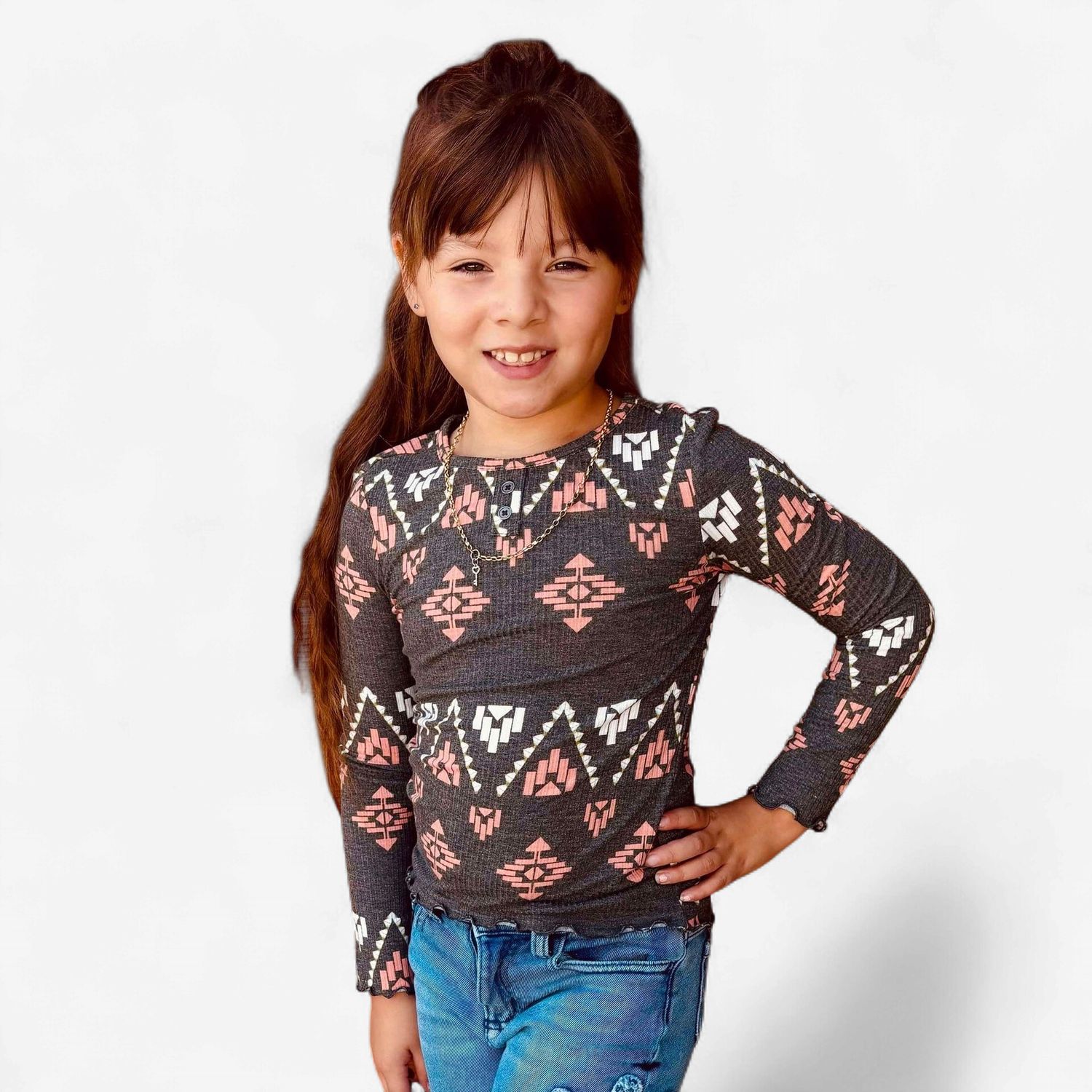 Youth Girls Cruel Pendleton Round-Up Grey Aztec Long Sleeve tee