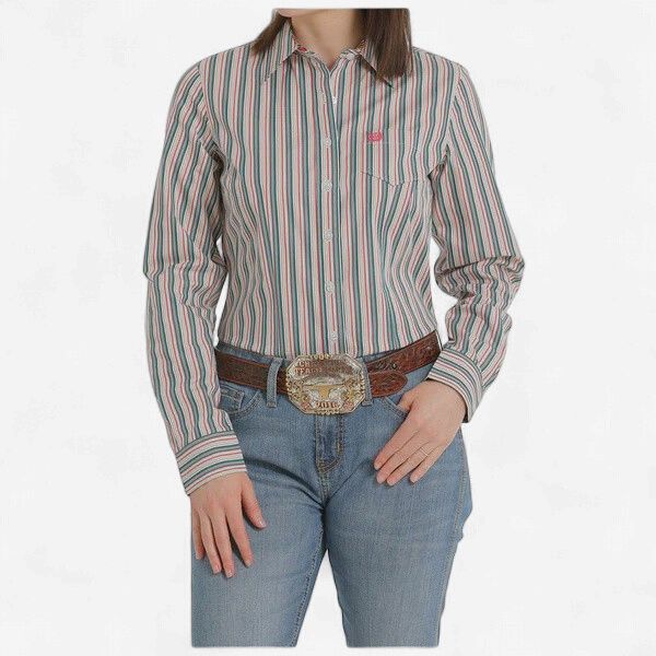 Ladies Cinch Pendleton Round-Up Green and White Pinstripe Long Sleeve Button Up