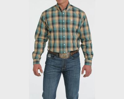 Men's Cinch Pendleton Round-Up Teal and Peach Plaid Diamond Long Sleeve Button Up