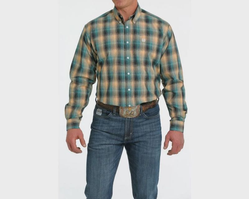 Men's Cinch Pendleton Round-Up Teal and Peach Plaid Diamond Long Sleeve Button Up