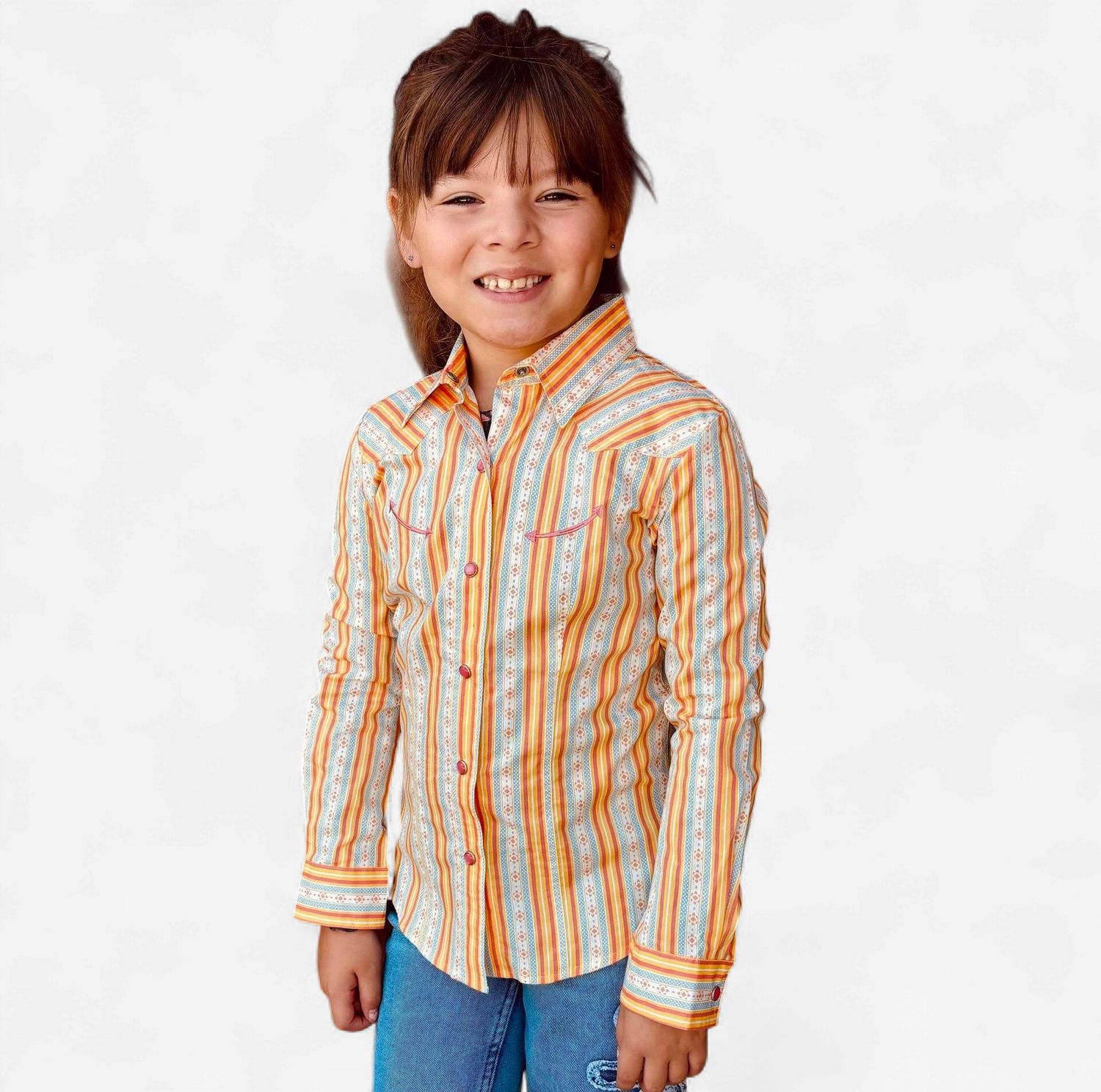 Youth Girls Cruel Pendleton Round-Up Orange Blue Stripe Long Sleeve Snap