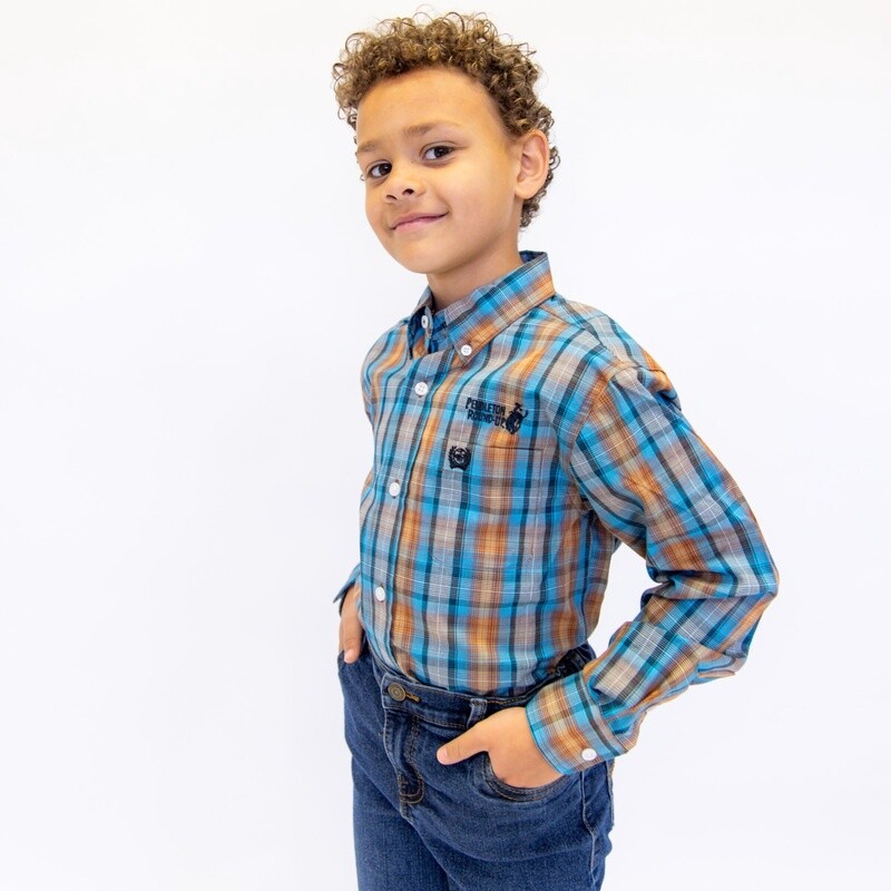 Youth Cinch Pendleton Round-Up Blue Orange Plaid Long Sleeve Button Up