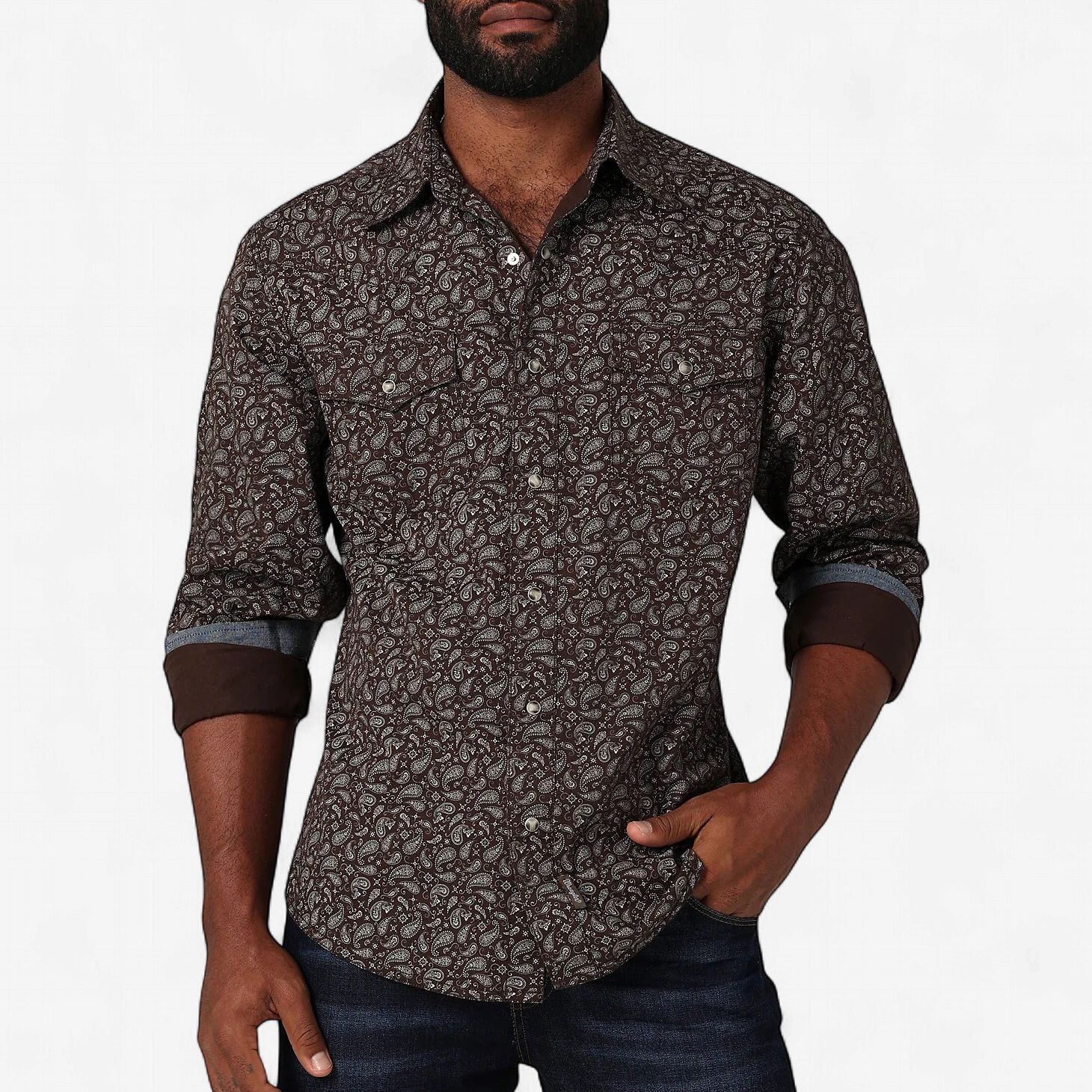 Men's Wrangler Retro Pendleton Round-Up Brown Paisley Long Sleeve Snap