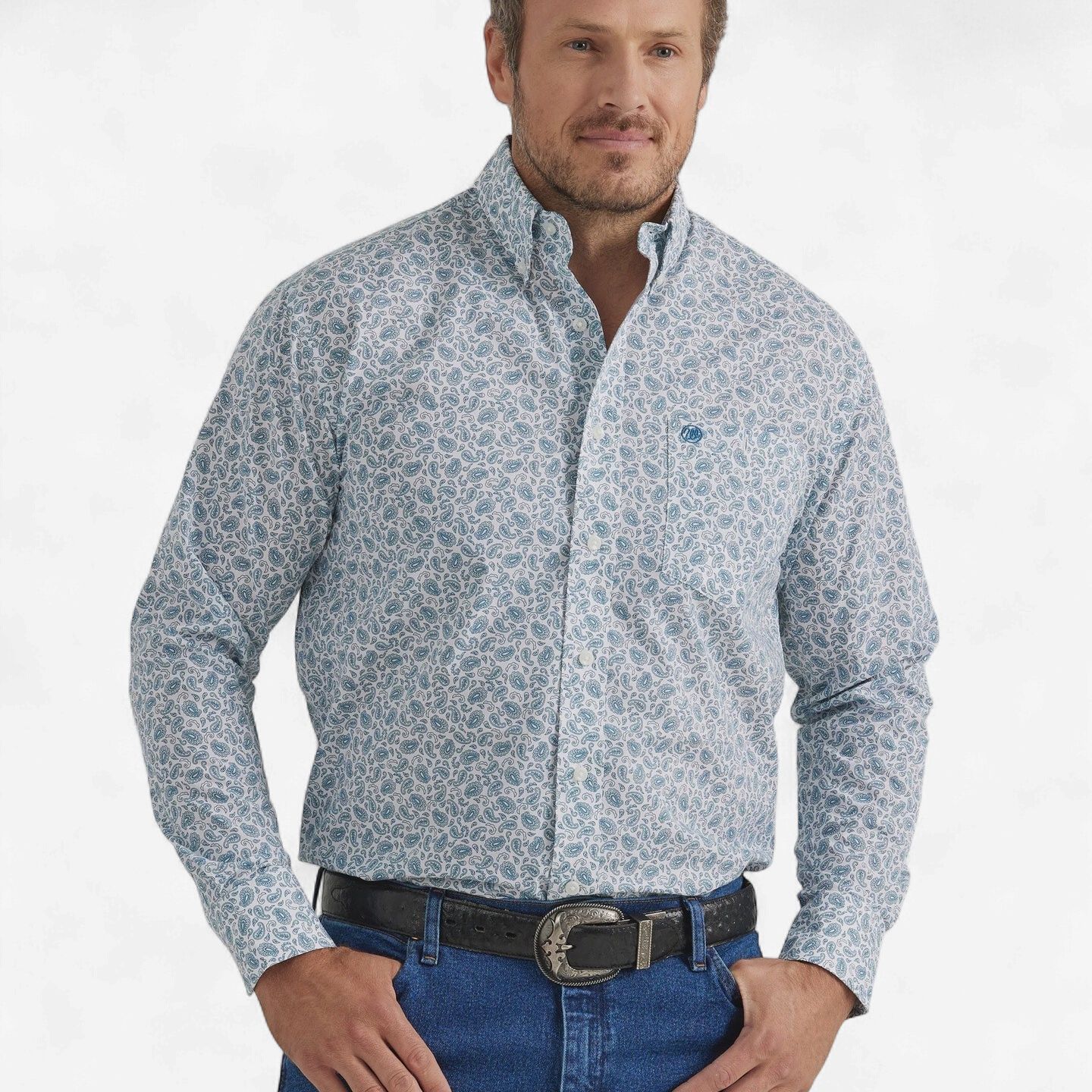 Men's Wrangler Pendleton Round-Up Teal Paisley Long Sleeve Button