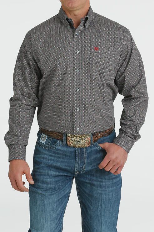Men's Cinch Pendleton Round-Up Gray and Red Geometric Long Sleeve Button Up