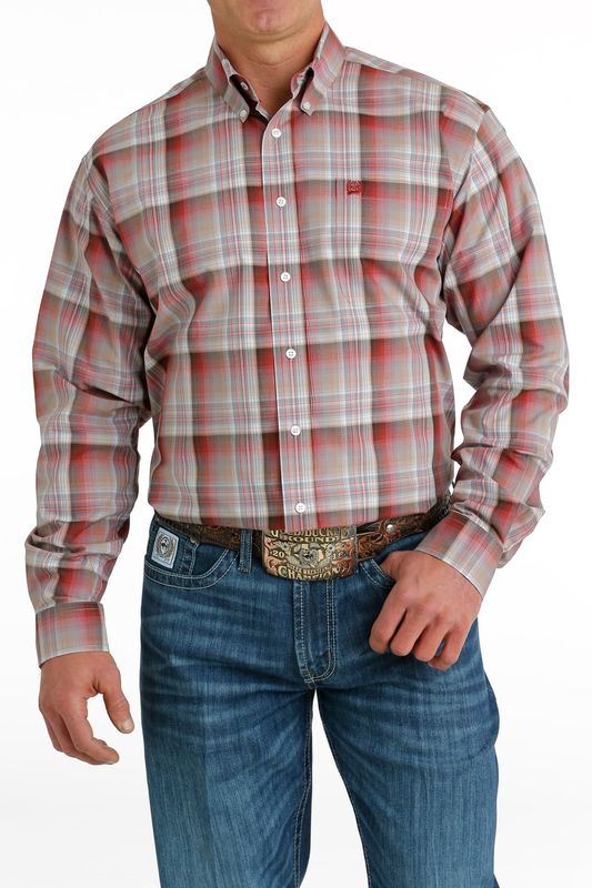 Men's Cinch Pendleton Round-Up Gray and Red Plaid Long Sleeve Button Up