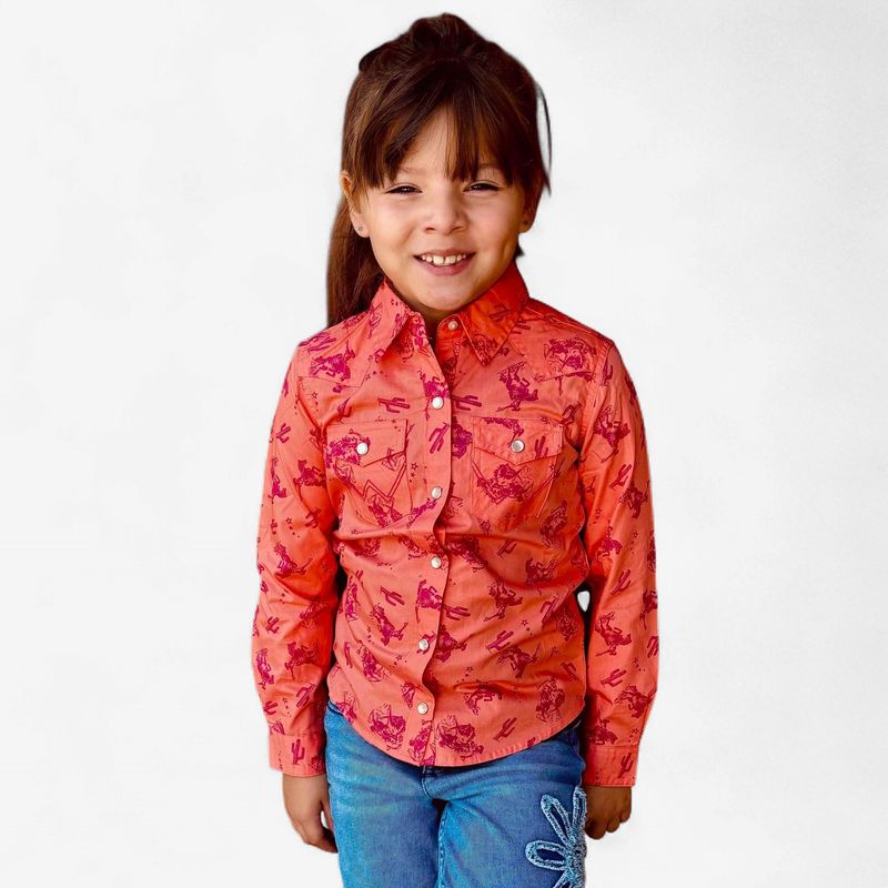 Youth Girls Wrangler Pendleton Round-Up Coral Long Sleeve Snap