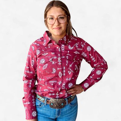Ladies Wrangler Pendleton Round-Up Blush Retro Long Sleeve Snap