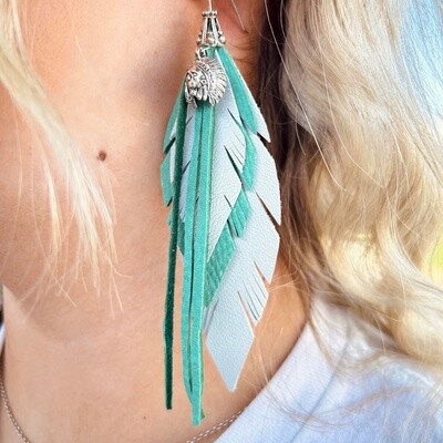 Happy Canyon Turquoise/White Leather Feather Earrings