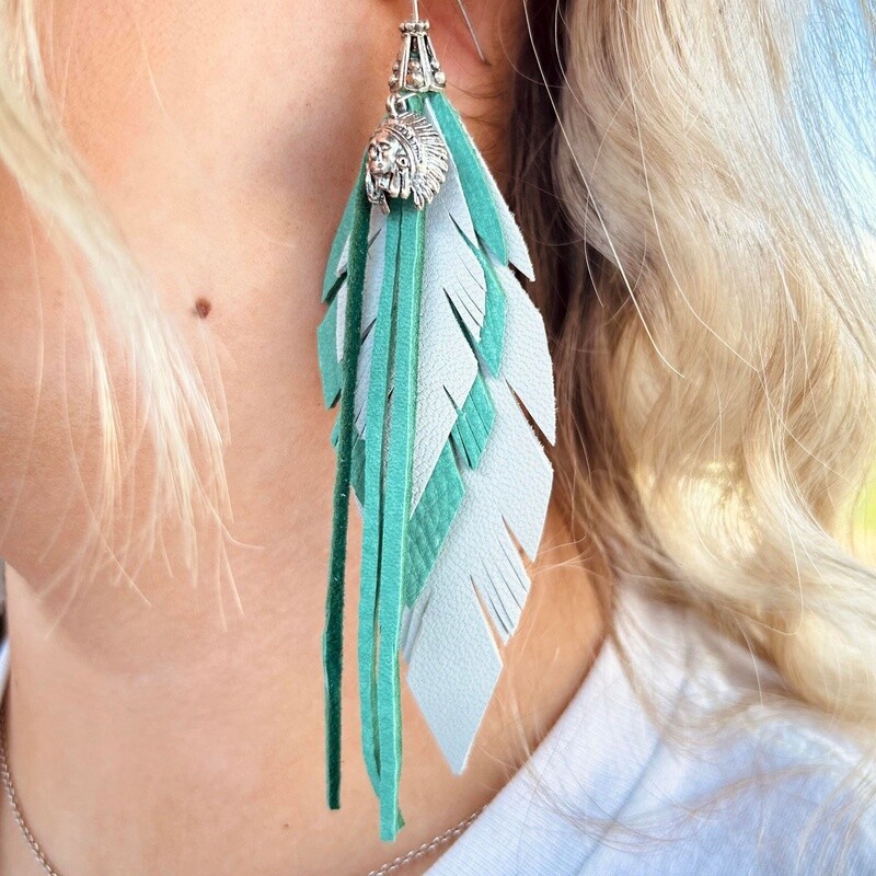 Happy Canyon Turquoise/White Leather Feather Earrings