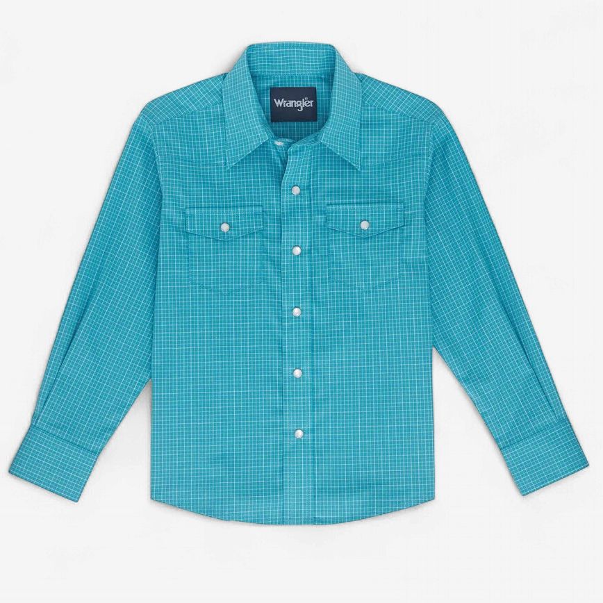 Youth Wrangler Pendleton Round-Up Teal Check Long Sleeve Button Up