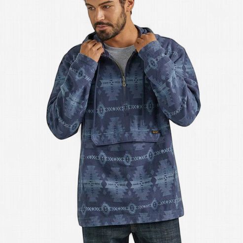 Men's Wrangler Pendleton Round-Up Blue Aztec 1/4 Zip Pullover w/ Hood