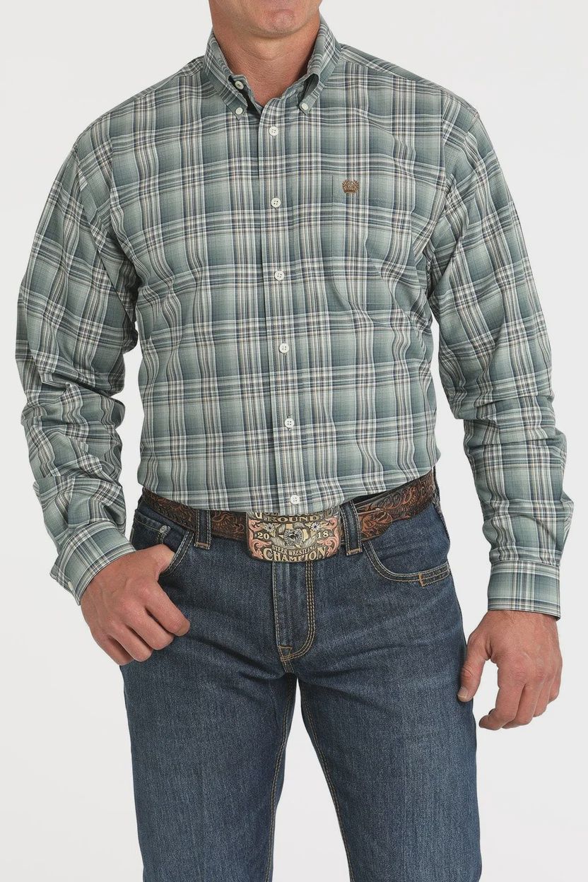 Men's Cinch Pendleton Round-Up Green Blue Plaid Long Sleeve Button Up