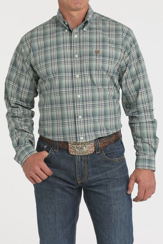 Men's Cinch Pendleton Round-Up Green Blue Plaid Long Sleeve Button Up