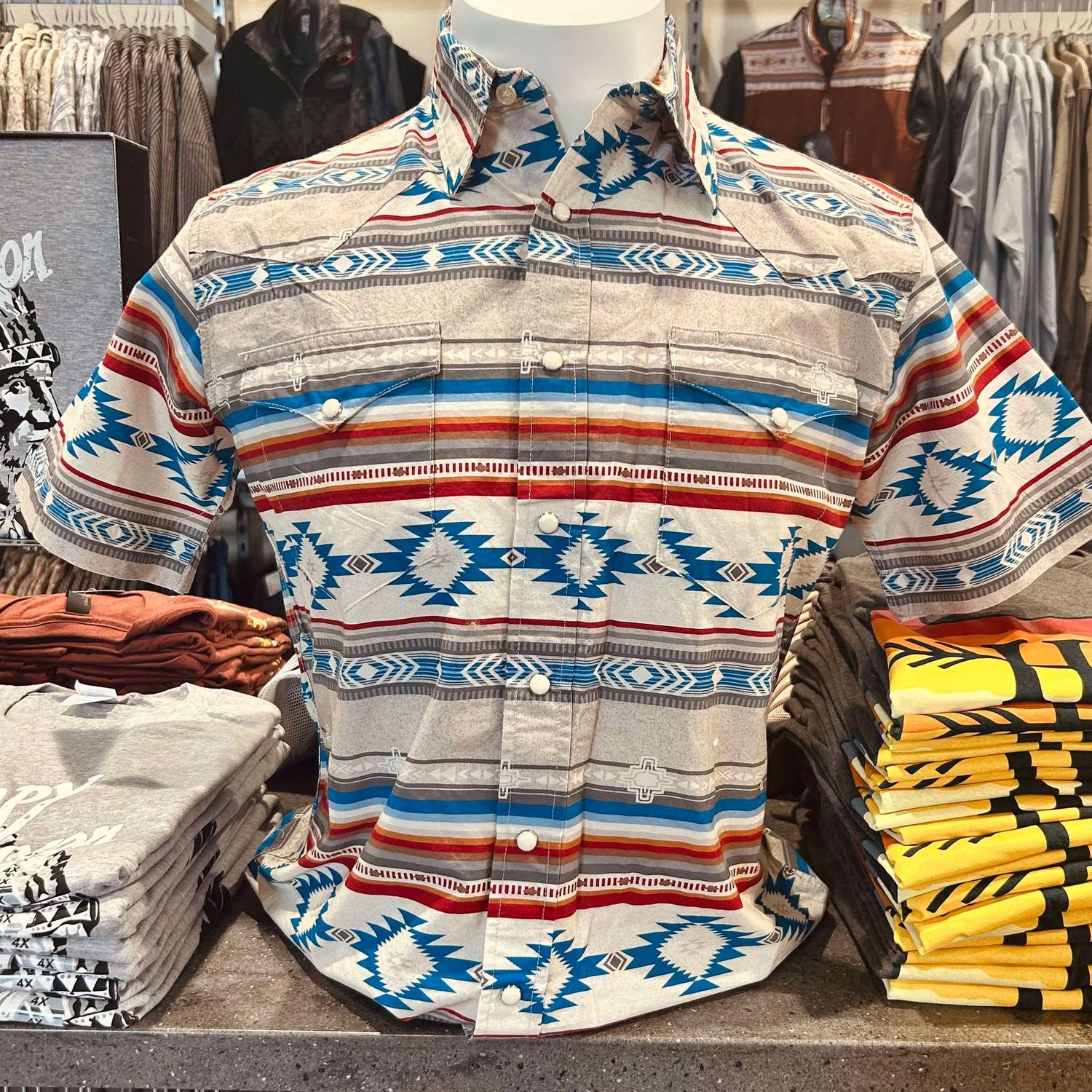 Men's Roper Pendleton Round-Up Horizontal Aztec Short Sleeve Snap, size: S