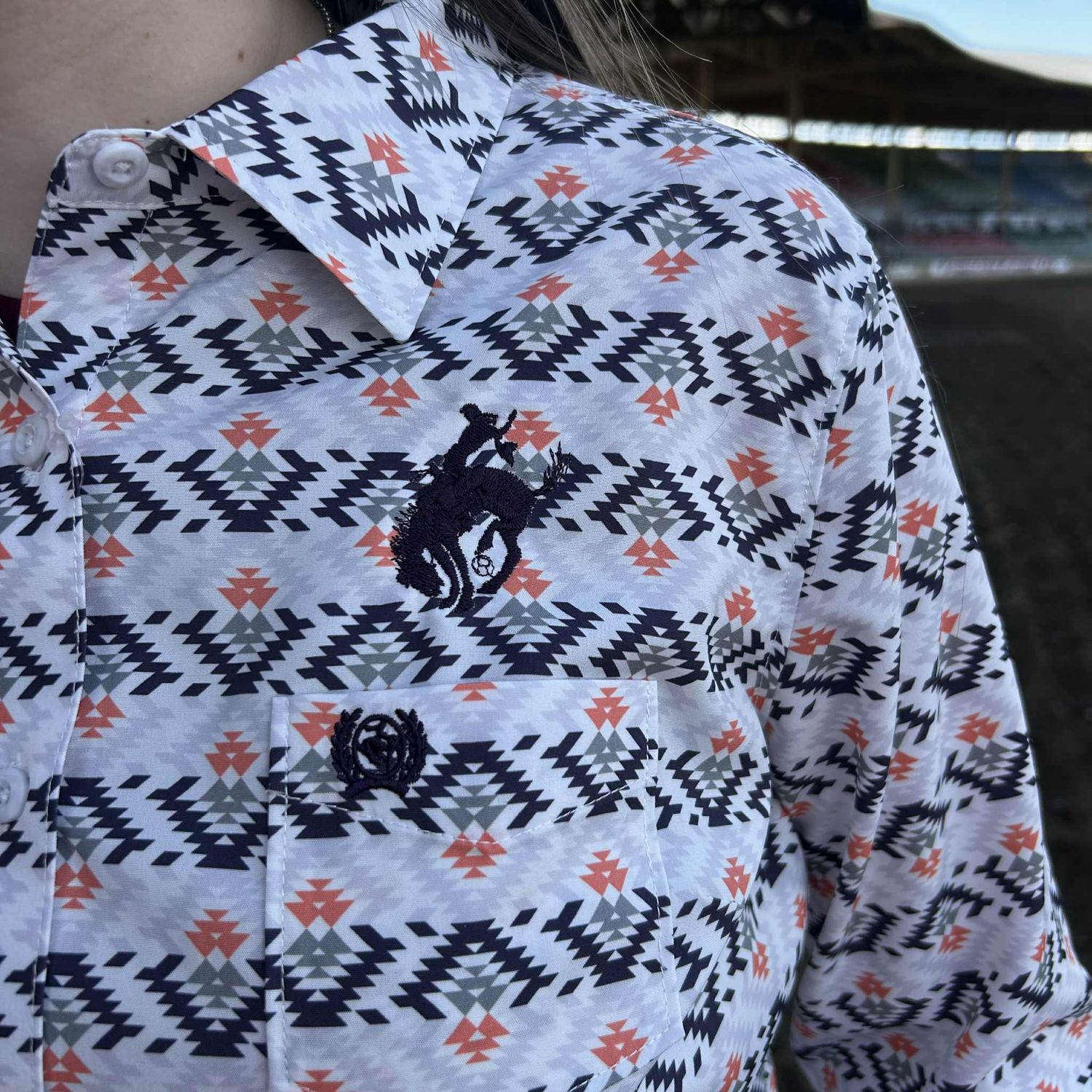 Ladies Cinch ArenaFlex Pendleton Round-Up Stripe Aztec Long Sleeve Button Up, size: S