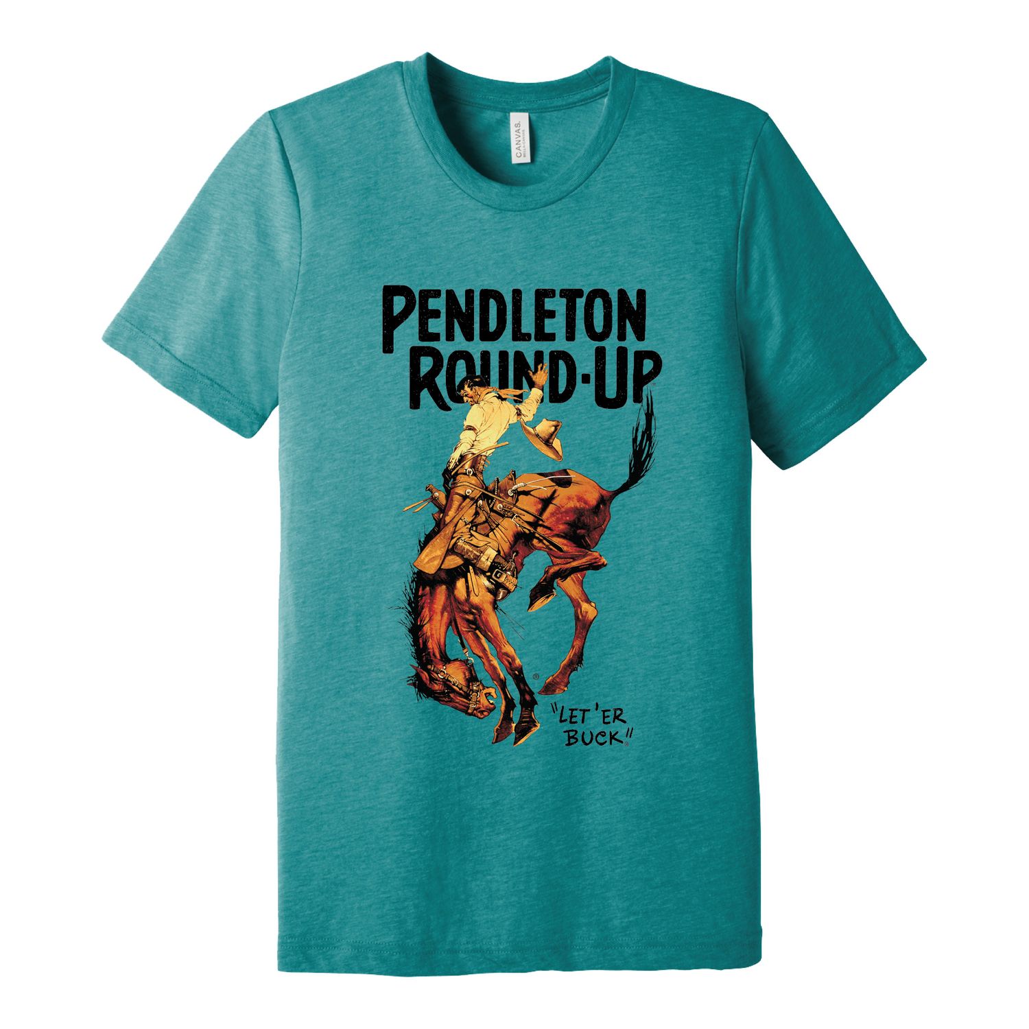 Pendleton Round-Up Teal Full Color Bucking Horse Tee, size: S