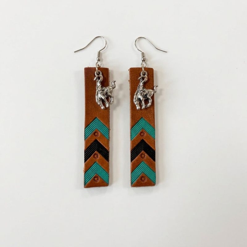Pendleton Round-Up Leather Teal Chevron Earrings