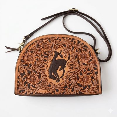 Pendleton Round-Up Half Circle Tooled Leather Crossbody Purse