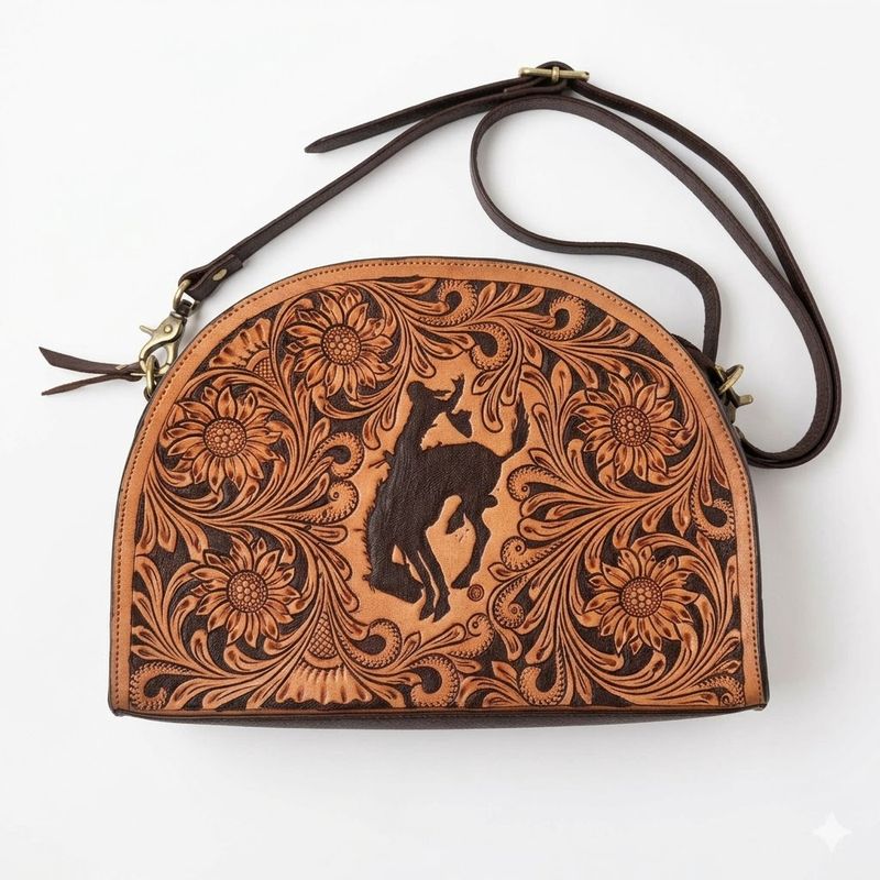 Pendleton Round-Up Half Circle Tooled Leather Crossbody Purse