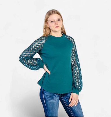 Ladies Cruel Pendleton Round-Up Forest Green Waffle Knit Blouse