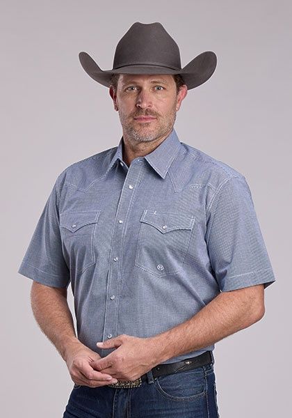 Men's Roper Pendleton Round-Up Navy Minicheck Short  Sleeve Snap