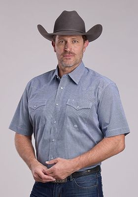 Men's Roper Pendleton Round-Up Navy Minicheck Short  Sleeve Snap