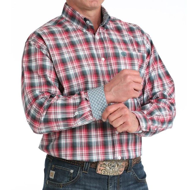 Men's Cinch Pendleton Round-Up Red Teal Plaid Long Sleeve Button Up