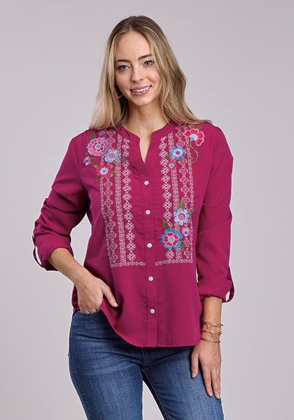 Ladies Roper Pendleton Round-Up Raspberry Embroidered Blouse