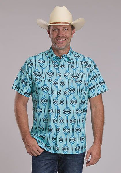 Men's Roper Pendleton Round-Up Blue Aztec Short Sleeve Snap